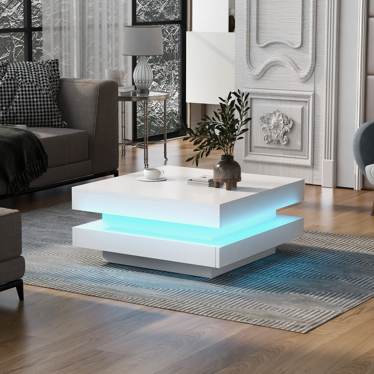 ON-TREND High Gloss Minimalist Design with LED Lights 2-Tier Square Coffee Table White