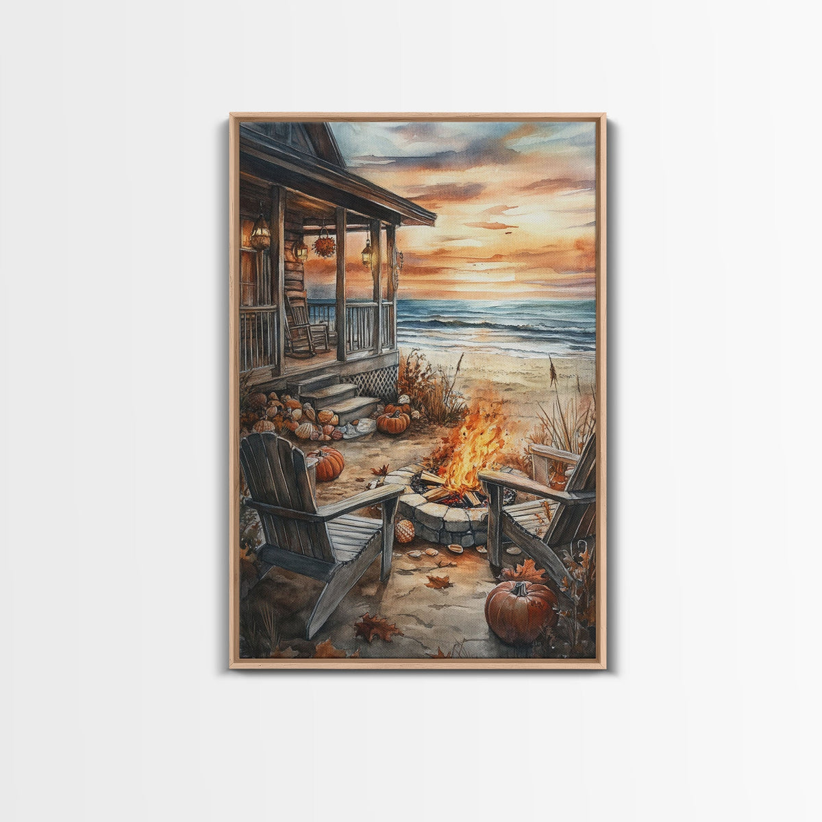 Beach Campfire On The Fall, Framed Canvas Print, Boho Beach Art Nautical Decor, Modern Christmas / Thanksgiving Gift Wall Art