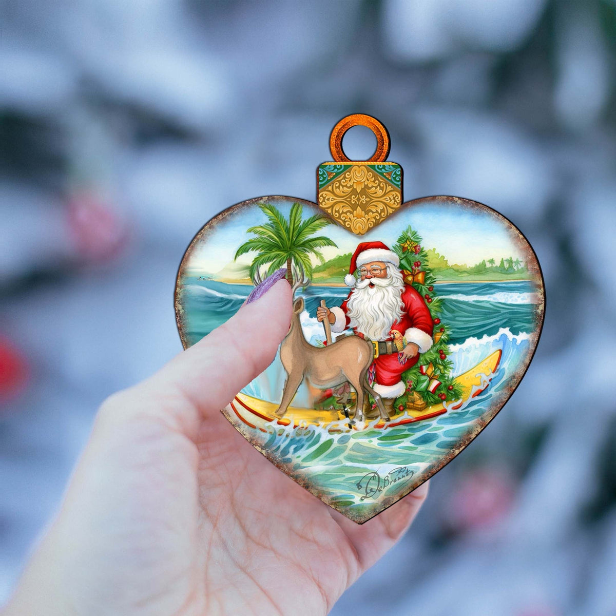Wooden Christmas Ornaments - Surfing Santa Heart Wooden Ornaments by G.Debrekht - Coastal Holiday Decor - 8688174