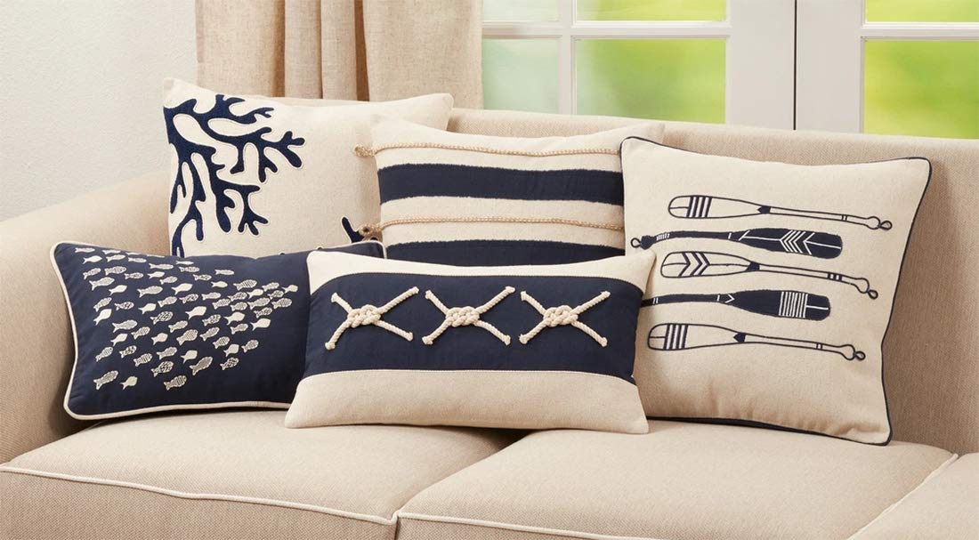 Fennco Styles Nautical Design Decorative Throw Pillow - Navy Blue Cotton Coastal Pillow for Home, Couch, Living Room, Bedroom, Beach House Décor