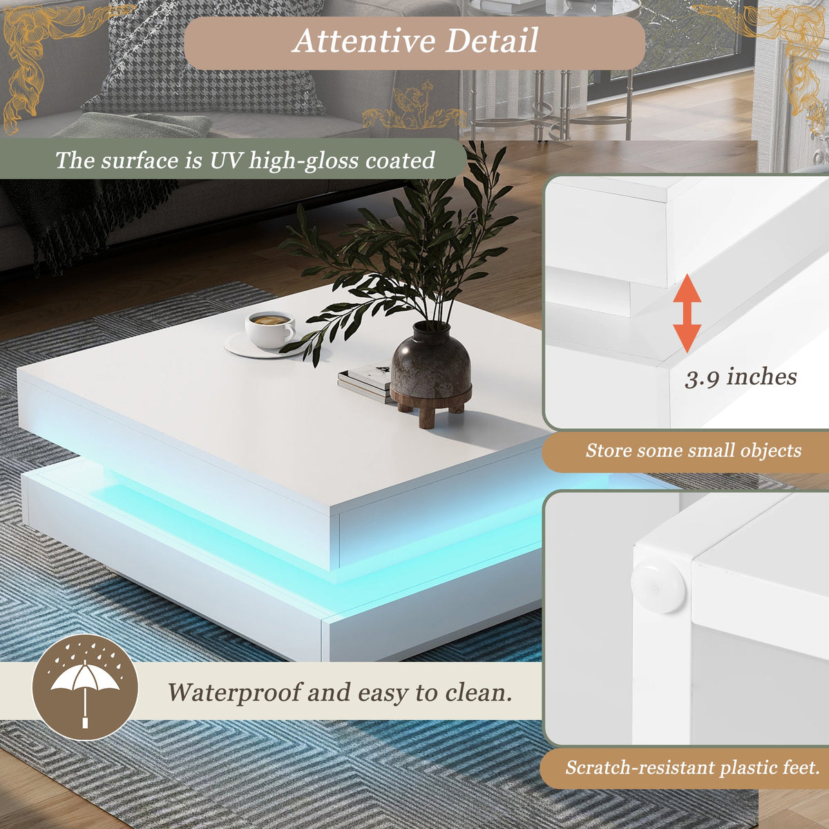 ON-TREND High Gloss Minimalist Design with LED Lights 2-Tier Square Coffee Table White