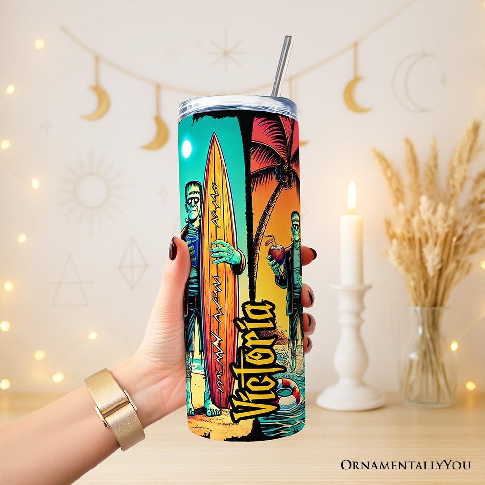 Frankenstein's Summer Beach Vacation 20oz Personalized Tumbler With Lid and Stainless Steel Straw, Retro Horror Neon Surf Gift Cup