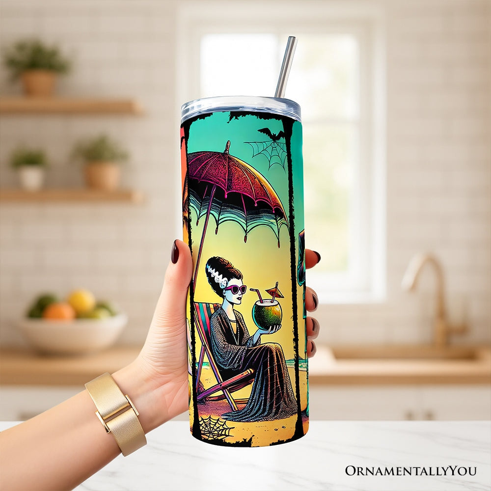 Frankenstein's Summer Beach Vacation 20oz Personalized Tumbler With Lid and Stainless Steel Straw, Retro Horror Neon Surf Gift Cup
