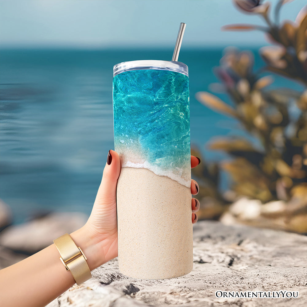 Turquoise Ocean Shore 20oz Personalized Tumbler With Lid and Stainless Steel Straw, Tropical Summer Coastal Gift Cup