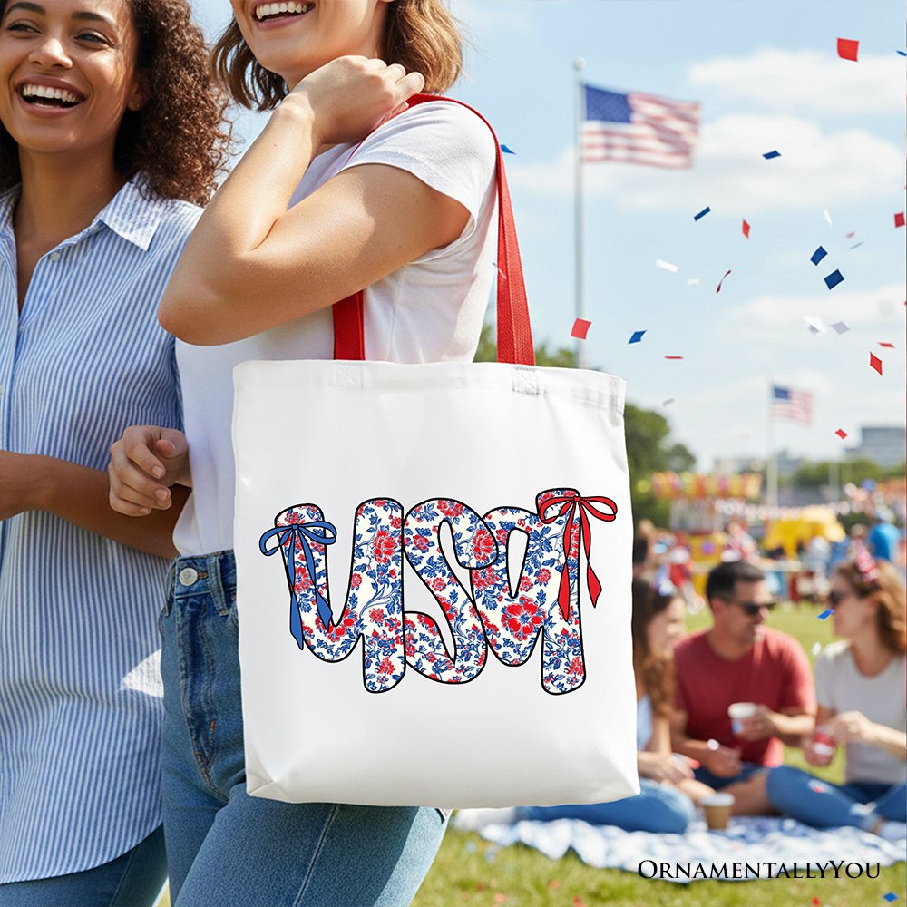 Floral USA Patriotic Canvas Tote Bag, 4th of July Gift Shopper for Stylish Women
