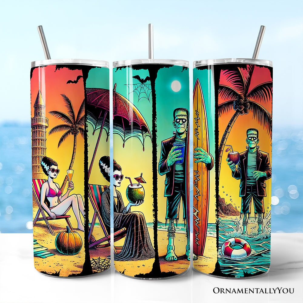 Frankenstein's Summer Beach Vacation 20oz Personalized Tumbler With Lid and Stainless Steel Straw, Retro Horror Neon Surf Gift Cup