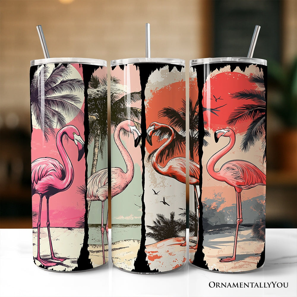 Retro Flamingo Beach 20oz Personalized Tumbler With Lid and Stainless Steel Straw, Summer Vacation Sunset Gift Cup