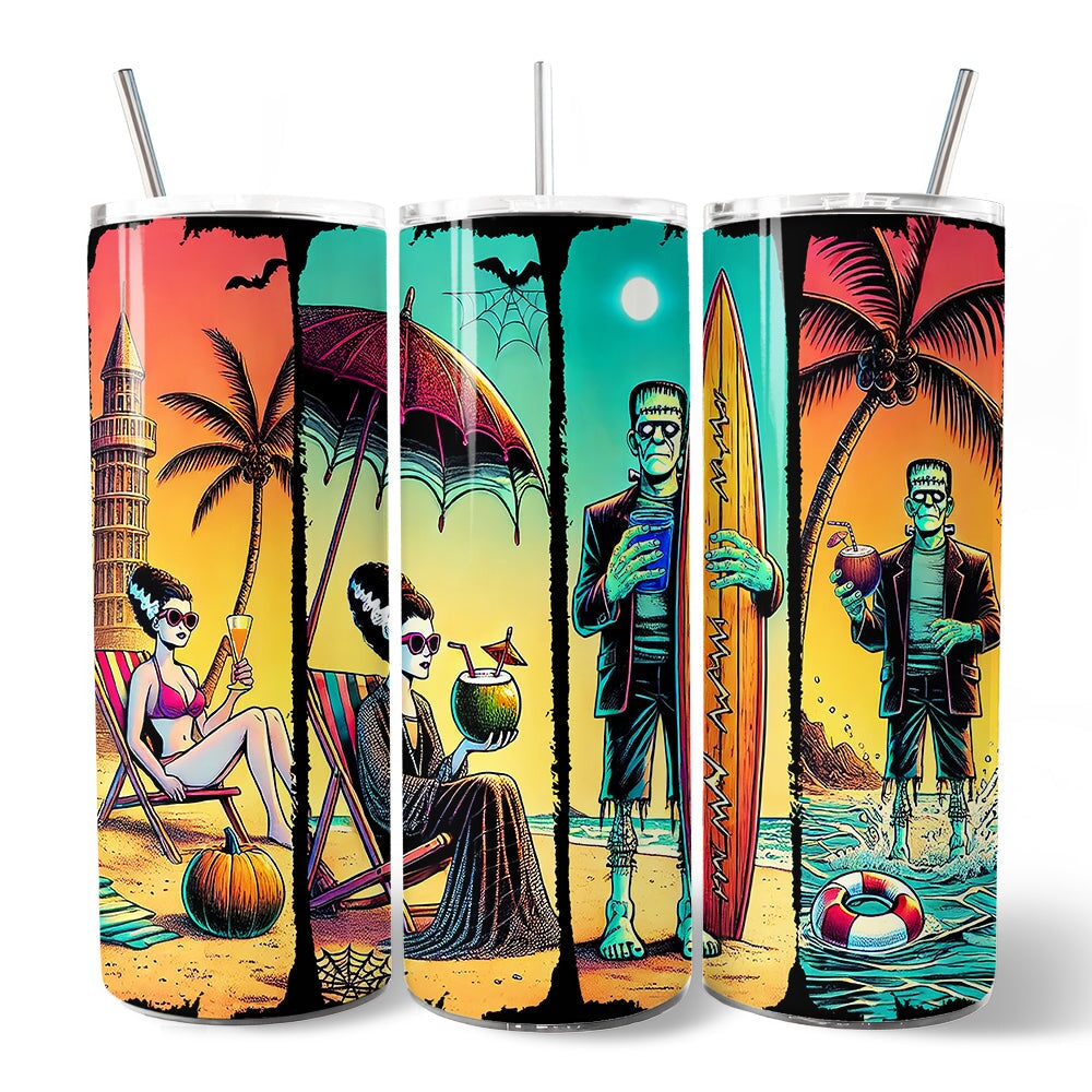 Frankenstein's Summer Beach Vacation 20oz Personalized Tumbler With Lid and Stainless Steel Straw, Retro Horror Neon Surf Gift Cup